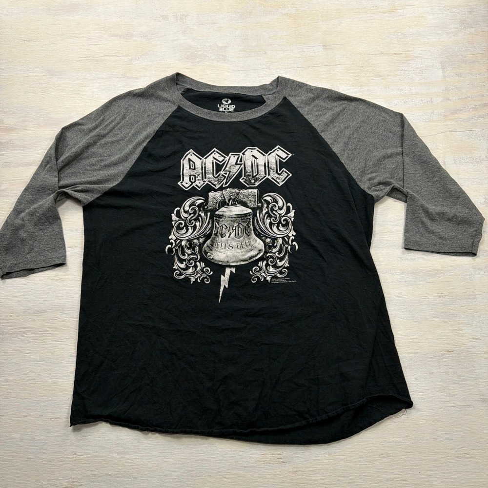 Liquid Blue T-Shirt AC/DC Hells Bell Raglan XL 3/4 Sleeve Black Grey Mens